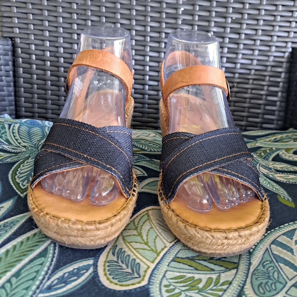 Born Tan Leather and denim blue Espadrille Wedge Sandals - Picture 5 of 10